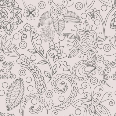 Floral seamless pattern, hand-drawn abstract flowers and indian elements, vectof. Hand-drawn vector flowers and branches in delicate colors. All elements are not cropped and hidden under mask 