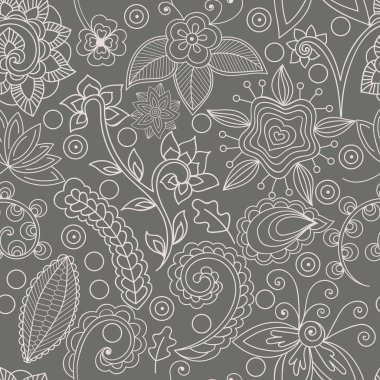 Vector seamless pattern with floral and indian elements. Abstract flowers, insects, branches. Elements hidden under mask. Contour is smooth, continuous, pure. Swatch is in the panel