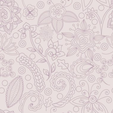 Floral seamless pattern, hand-drawn abstract flowers and indian elements, vectof. Hand-drawn vector flowers and branches in delicate colors. All elements are not cropped and hidden under mask 