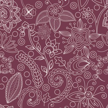 Hand-drawn abstract floral elements on dark pink background, vector. Seamless pattern in indian style. Elements are not cut off and hidden under mask.
