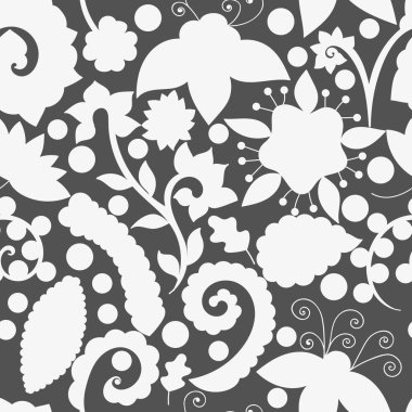 Vector seamless pattern with floral and indian elements. Abstract flowers, leaves and branches. White floral silhouettes on grey background. Elements hidden under mask. Swatch is in the panel 