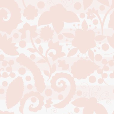 Vector seamless pattern with abstract floral elements on striped background. Pink seamless pattern. Elements hidden under mask. There is a swatch in the panel 