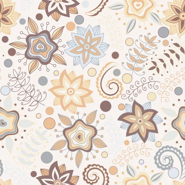 Seamless pattern with flowers and branches. Endless floral pattern, hand-drawn elements on light background, vector. All elements are not cropped and hidden under mask 
