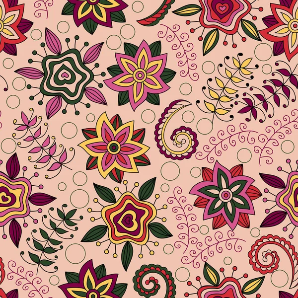 Абстрактные Цветы Индийские Элементы Розовом Фоне Векторный Бесшовный Узор Ручной — стоковый вектор
