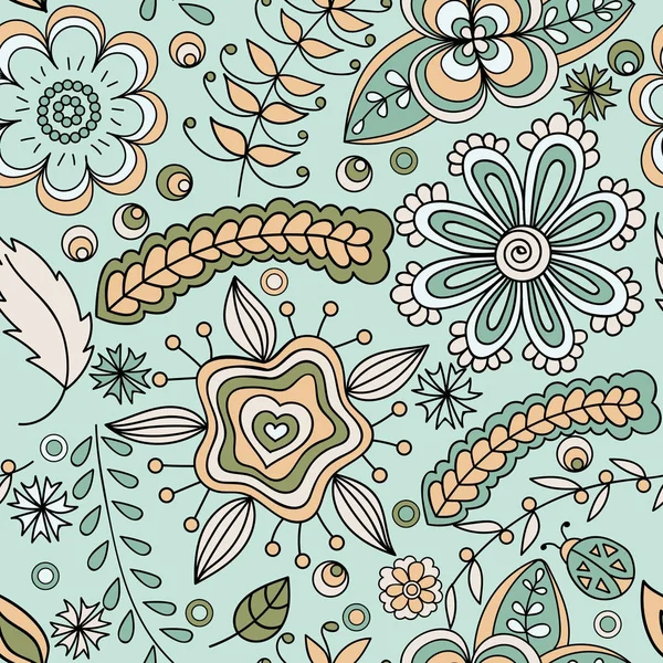 Vector seamless pattern with hand drawn abstract floral elements in green and orange colors. There is a swatch in the panel. All elements are not cut off and hidden under mask. 