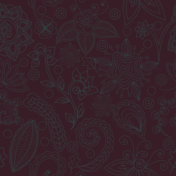 Grüne Muster Auf Weinrotem Hintergrund Handgezeichnete Florale Und Indische Elemente — Stockvektor