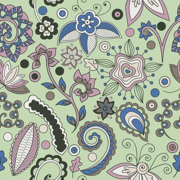 Dibujado Mano Vector Floral Ornamento Indio Sobre Fondo Verde Patrón — Archivo Imágenes Vectoriales