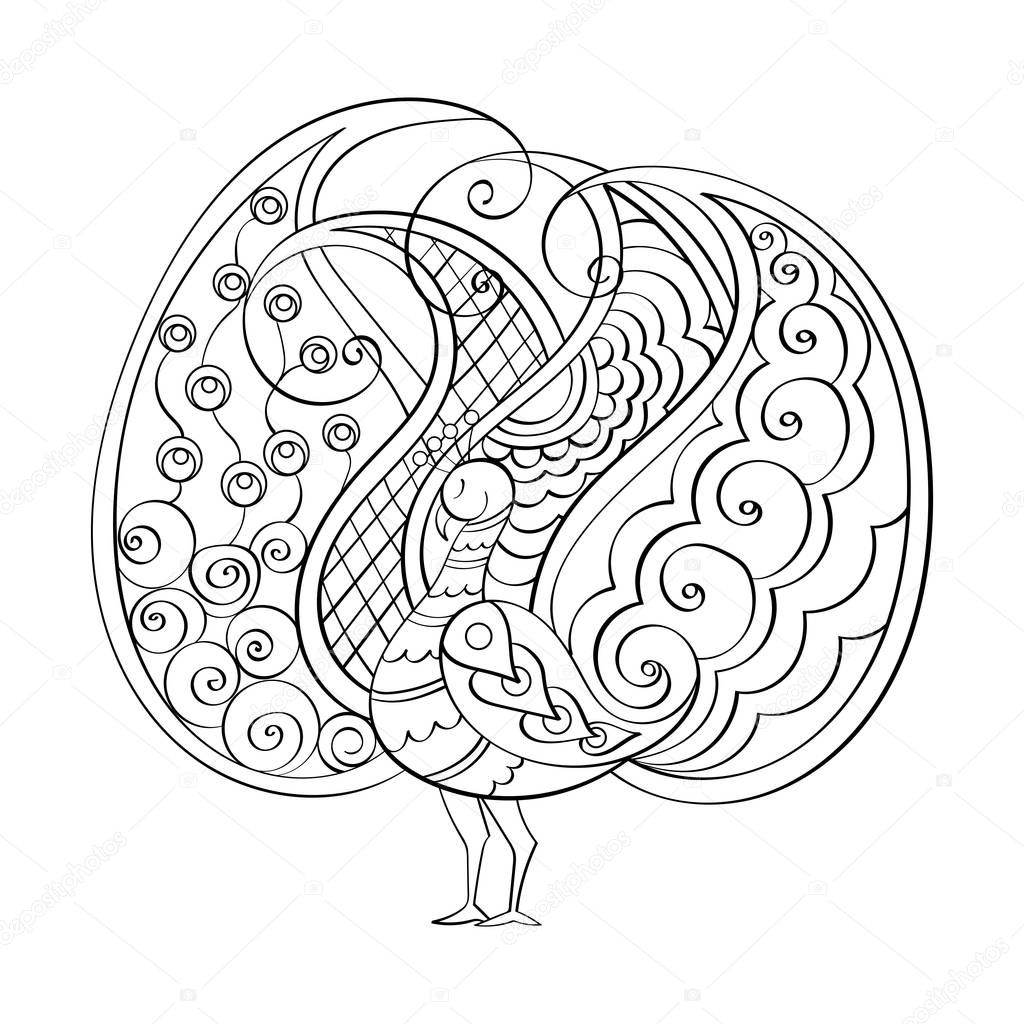 Hand-drawn vector mandala, book page mandala, indian peacock, outline mandala, coloring book page. All lines are smooth 