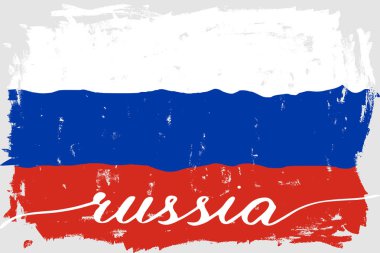 Russian grunge flag with handwritten white text, vector. There are true colors of the flag