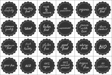 Set of 24 phrases about healthy food and natural products. Handwritten text in chalk style, vector. Each phrase is on the separate layer.
