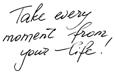 Take every moment from your life! Handwritten black text on white background, vector. Each word is on the separate layer