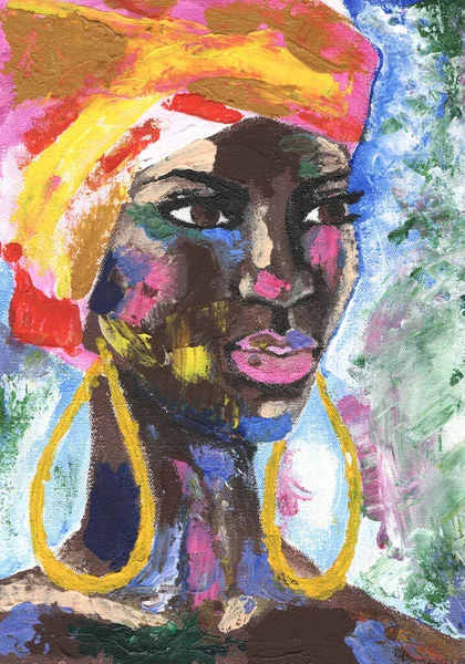 Tuvale akrilik çizilmiş sokak stili Afrikalı kadın portresi. Türban portresi içindeki Afrikalı kadın pop sanat tarzı bir resim. Akrilik güzelliği olan Afrikalı kadın. Moda çizimi. 