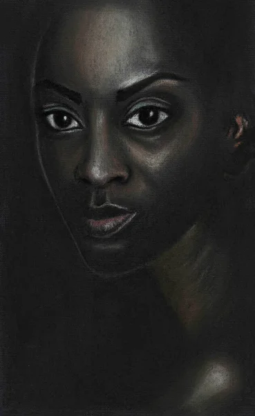 Afrikanische Frauen Gesicht Hübsche Junge Porträt Handgezeichnet Pastell Auf Papier — Stockfoto