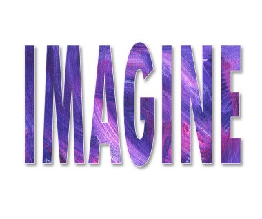 Düşünün - tipografi metni mor ve mavi renklerde. Moda, tişört, elbise, kıyafet, baskılar, posterler, grafikler, kumaşlar ve diğerleri için metin örnekleme tasarımı hayal edin