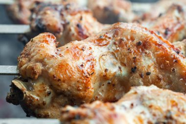 Tavuk Barbekü mangal kömürü üzerinde. Portre. Seçici odak