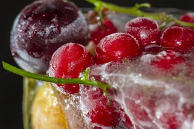 Frenk üzümü, kara frenk üzümü ve buzda donmuş kiraz eriği. Su damlalarıyla birlikte koyu arkaplanda yansıması var. Kırık buz. Yakın çekim, seçici odaklanma