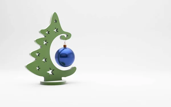 Beyaz zemin üzerine mavi oyuncak ile düz Noel ağacı