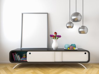 Siyah şifoniyer beyaz duvar iç kadar sahte