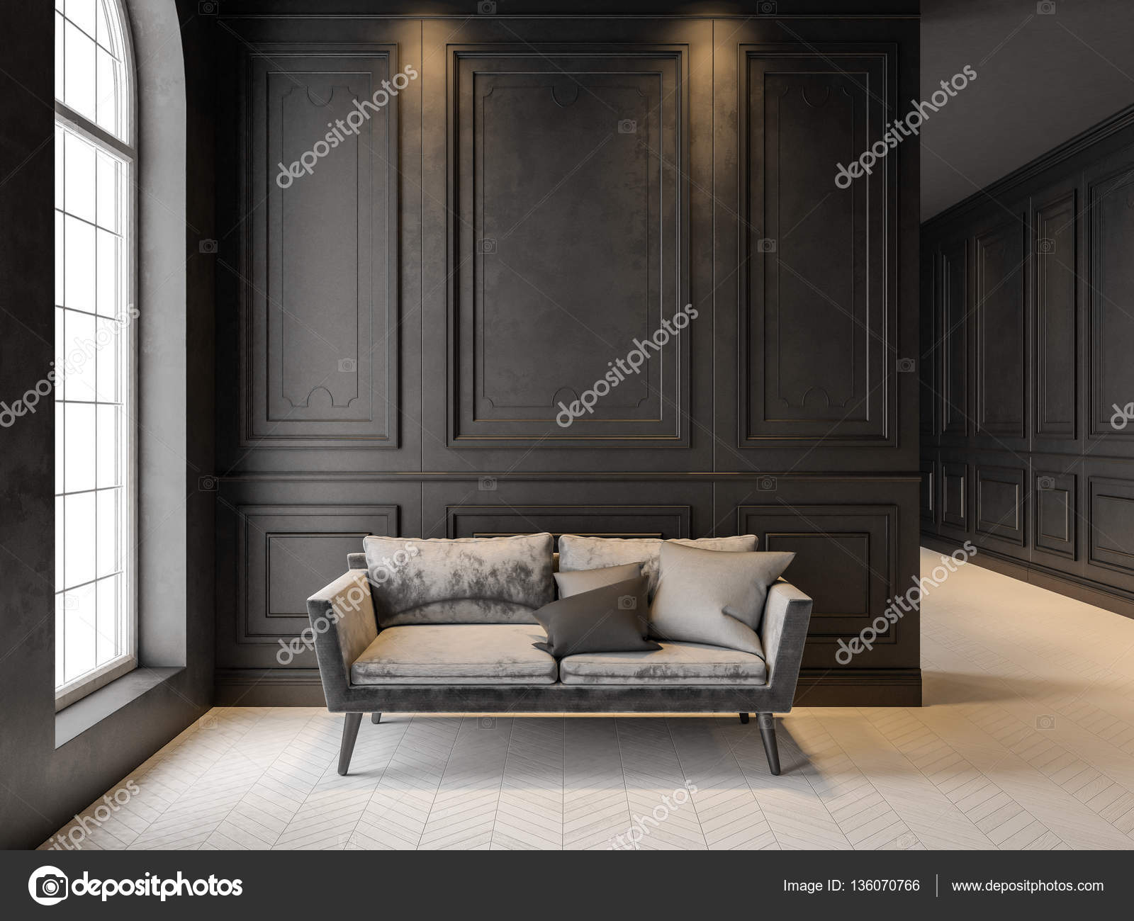 Sofa in klassiek zwart interieur. 3D render mock up — Stockfoto ... Sofa in klassiek zwart interieur. 3D render mock up — Stockfoto ...