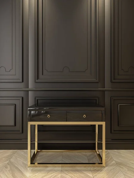 Consola negra con oro en el clásico interior negro. ilustración de renderizado 3d . —  Fotos de Stock