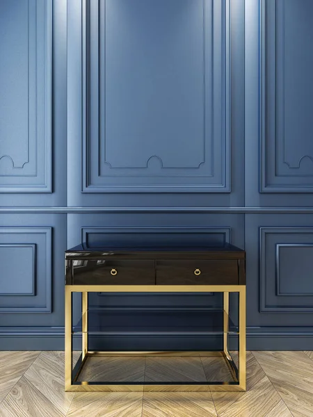 Black console with gold in classic blue interior. 3d render illustration. — Stock Photo, Image