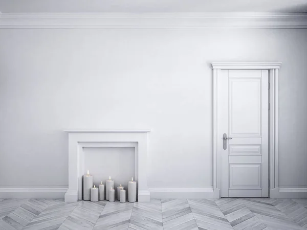 Classic white interior with door, parquet, and fireplace with candles. — Stock Photo, Image
