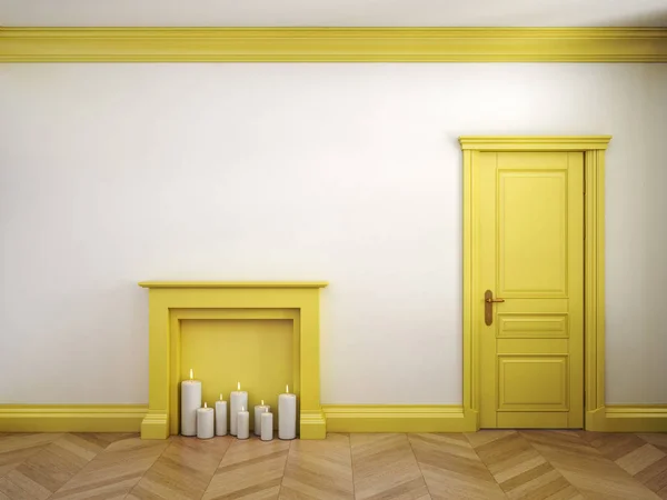 Fire place, door and parquet in classic scandinavian yellow interior. 3d render illustration. — Stock Photo, Image