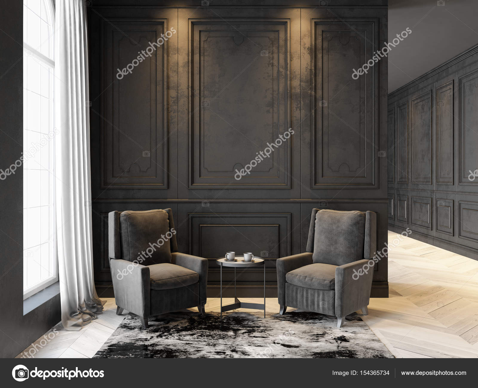 Fauteuils en salontafel in klassiek zwart interieur. Interieur mock ... Fauteuils en salontafel in klassiek zwart interieur. Interieur mock ...