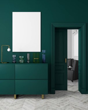 Klasik, modern, İskandinav tarzı karanlık-yeşil renk iç kadar vazolar, şifoniyer, consoe, kapı, lamba, çerçeve, ahşap zemin ile alay etmek. 3D render illüstrasyon.