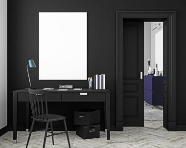Klasik siyah işyeri iç kadar masa, sandalye, kapı, beyaz parke zemin ile alay etmek. 3D render illüstrasyon.