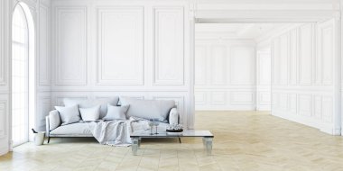 Kanepe ve klasik beyaz iç tablo. 3D render illüstrasyon.