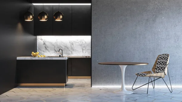 Kitchen black minimalistic interior. 3d render illustration mock up.
