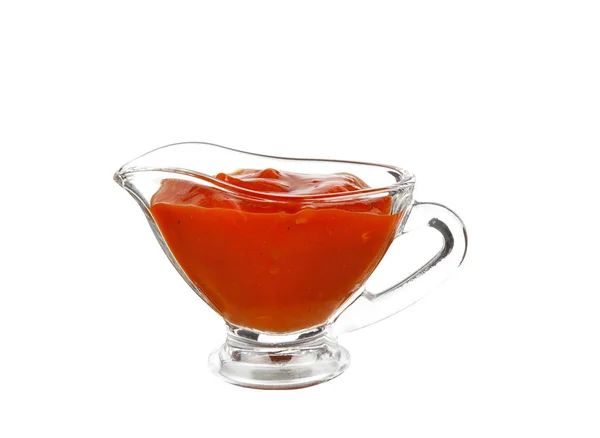 Glas sauceboat med röda tomatketchup — Stockfoto