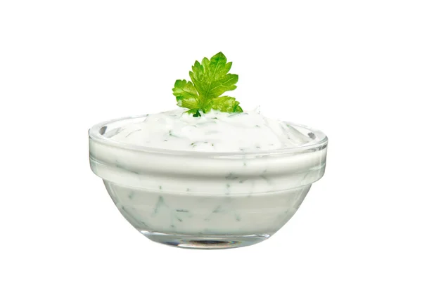 Cam sauceboat ekşi krema, dil ve maydanoz ile yaprak