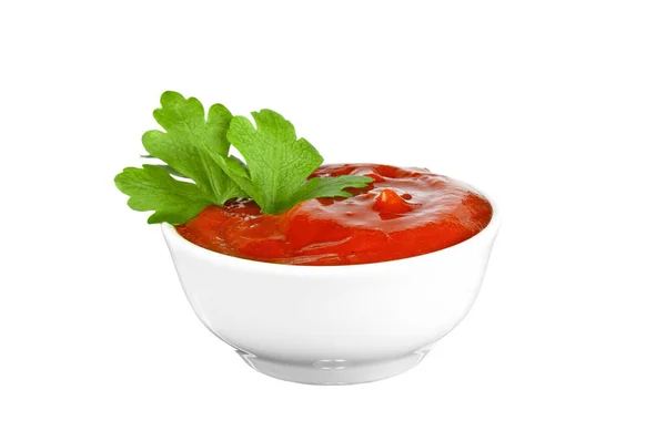 Sauceboat 红番茄番茄酱和绿色香菜叶子 图库图片