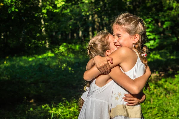 两个女儿在公园中拥抱 — 图库照片