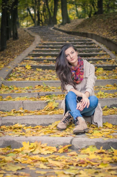 Niña Sentada Escalones Piedra Otoño Parque — Foto de Stock