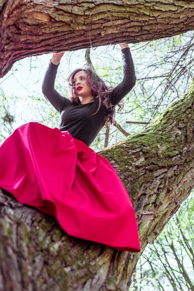 Hermosa joven en el tronco del árbol — Foto de Stock