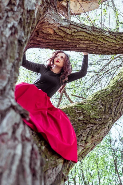 Hermosa joven en el tronco del árbol — Foto de Stock