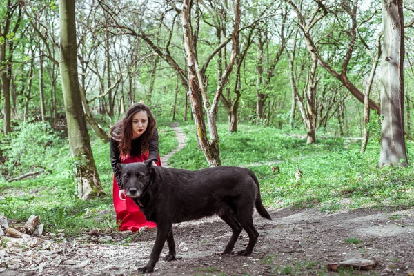 Misteriosa mujer con un perro negro — Foto de Stock