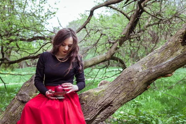 Chica sentada en un tronco de árbol — Foto de Stock