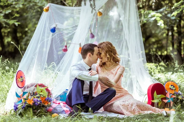 Casal alegre no prado — Fotografia de Stock