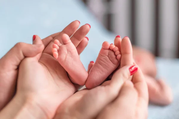 Baby Fötter Mor Händer Små Nyfödda Babyns Fötter Kvinnliga Format — Stockfoto