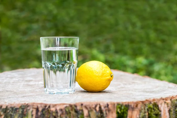 Лимон Склянкою Води Дерев Яному Пні Зелений Фон Відкритому Повітрі — стокове фото
