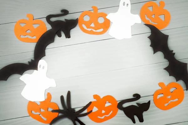 Sfondo Festa Halloween Fatto Cornice Con Zucche Pipistrelli Gatti Ragni — Foto Stock