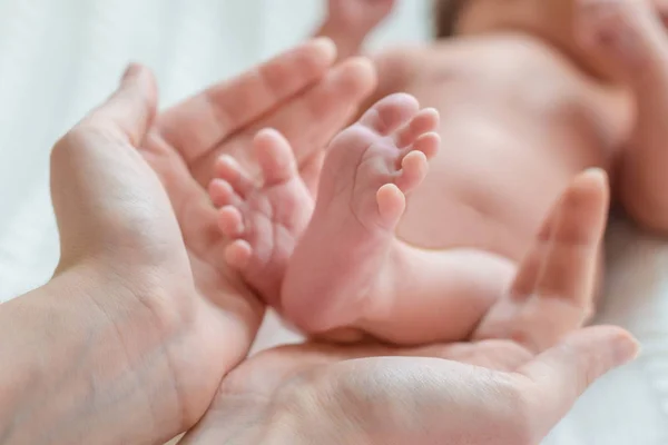 Pies de bebé en manos de madre — Foto de Stock