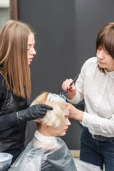 Der Professionelle Friseur Verwendet Einen Pinsel Den Weißen Farbstoff Auf — Stockfoto