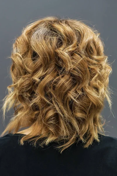 Πίσω Όψη Της Γυναίκας Μακριά Καστανά Σγουρά Μαλλιά Στο Φόντο — Φωτογραφία Αρχείου