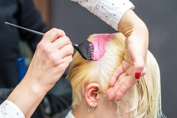 Cabeleireiro Aplicando Tinta Rosa Cabelo Mulher Close — Fotografia de Stock