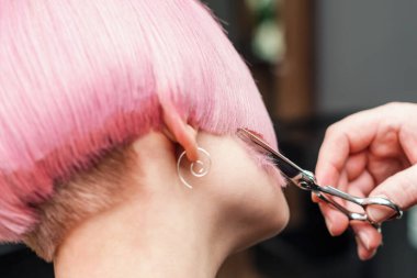 Profesyonel saç stilistinin ellerini kapat. Pembe saçı makasla kes. Konsept güzellik salonu, kadın kuaför.